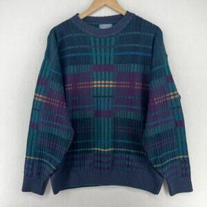 PENDLETON Sweater Mens L Pure Virgin Wool Eclectic Plaid Grandpa Green USA VTG